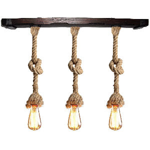 Lámpara de cuerda y madera vintage, con 3 luces E27 de casquillo gordo